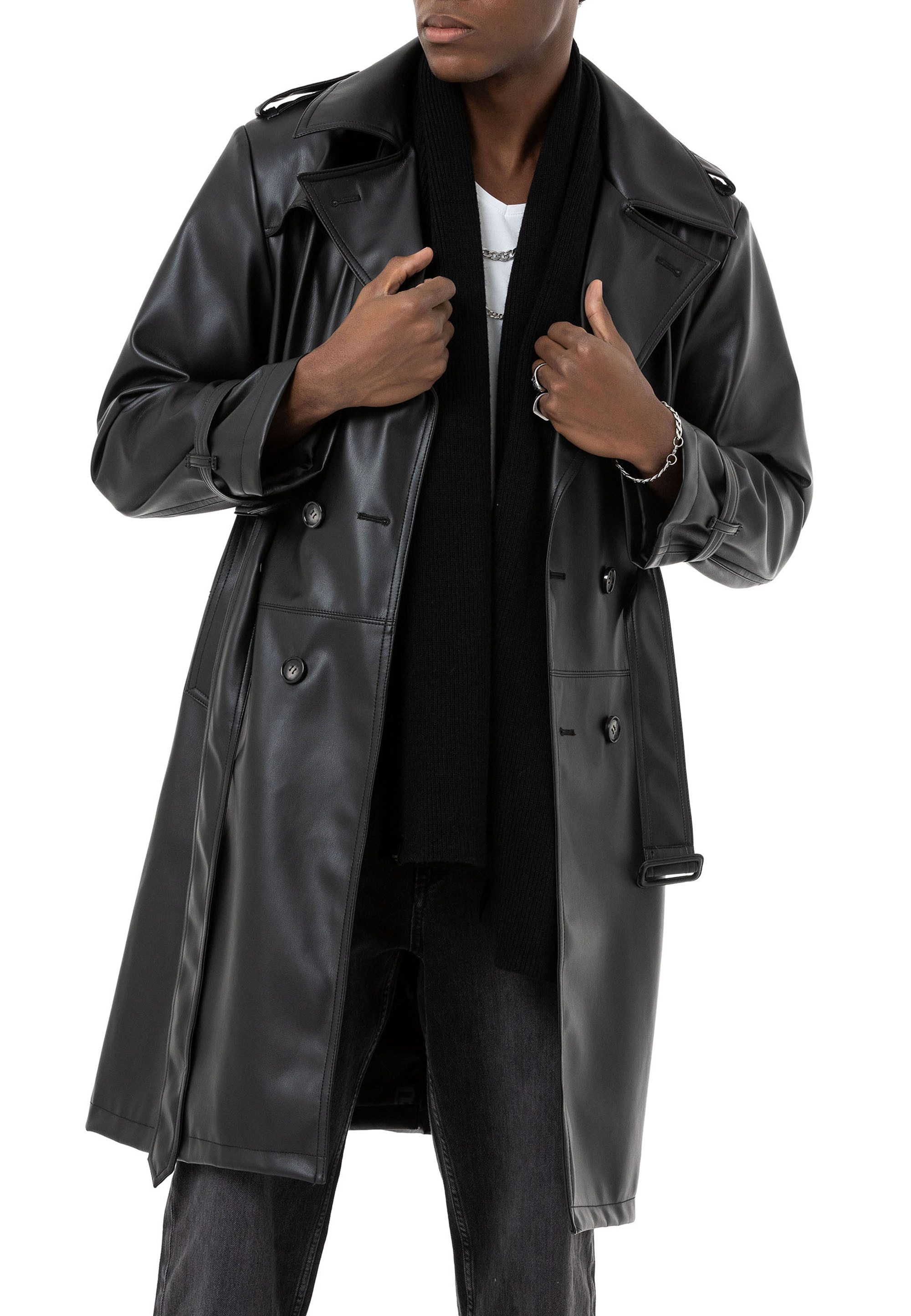 RedBridge Lederimitatjacke Herren Kunst-Leder Trenchcoat Peacoat Caban Stutzer Schulterklappen, Gürtel