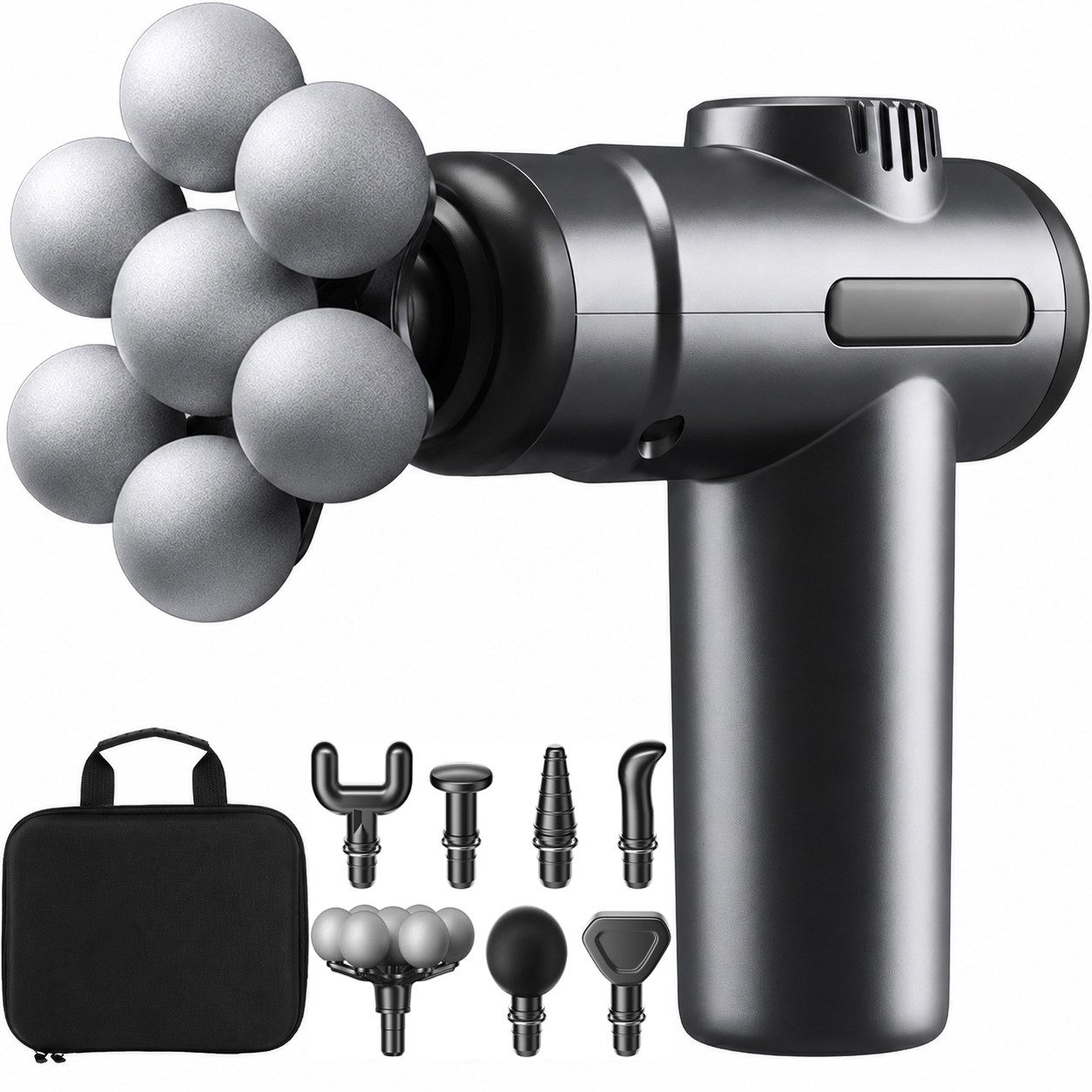 Futicare Massagegerät Massagepistole Massage-Gun mit 7-Punkt-Kopf, 99 Intensitätsstufen und 7 Aufsätzen 7-tlg., kompakt und tragbar, für Nacken, Schultern, Rücken und Körper, mit schwarzem Koffer