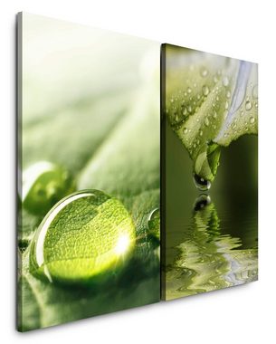 Sinus Art Leinwandbild 2 Bilder je 60x90cm Grün Wassertropfen Frisch Beruhigend Nahaufnahme Harmonie Wasser