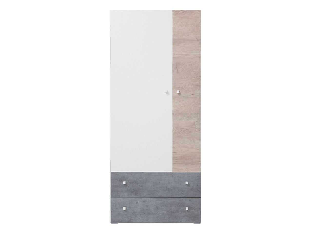 Mirjan24 Kleiderschrank Sigma 03 L / P (mit 2 Türen und 2 Schubladen) mit Kleiderstange, Tür universell, Metallgriffe Beton / Weiß + Eiche