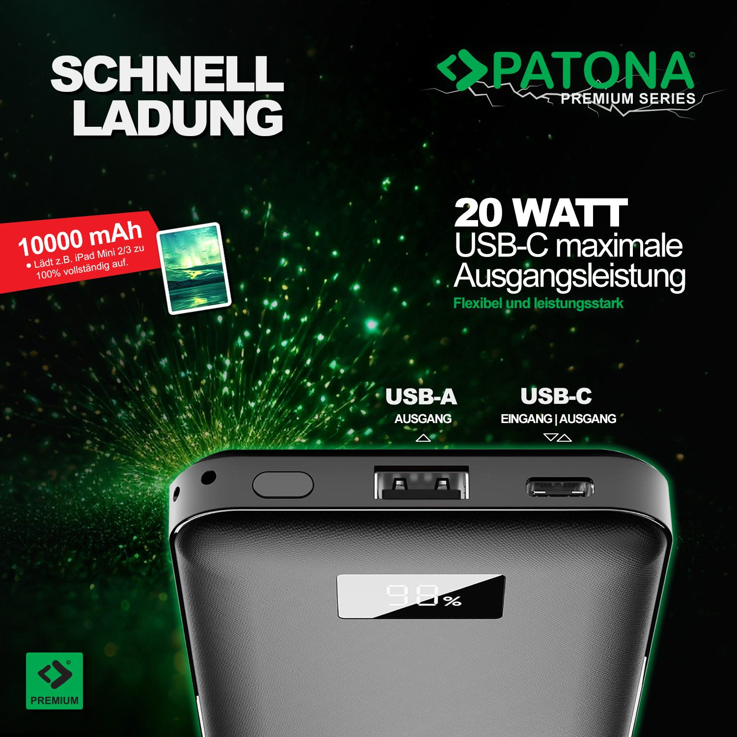 Patona Premium Powerbank Stark 3.0 PD20W 10.000mAh Powerbank Power-Bank 10000 mAh (1 St), USB-C USBC