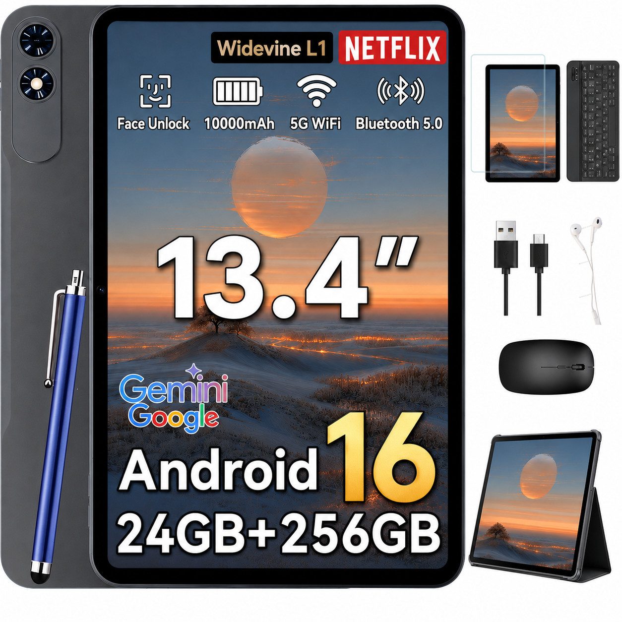 TABWEE 13.4" Android 16 mit Tastatur Maus Stift Kopfhörer 10000mAh 256GB Tablet (13.4", 256 GB, Android16, 10000 mAh, Android 16, Gemini AI, mit Zubehör, Kabel-Headset)
