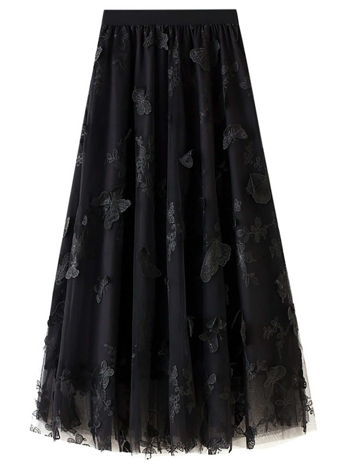 DEBAIJIA Meshrock Damen Tüll Blumendruck Elastischer mit hoher Taille Rock