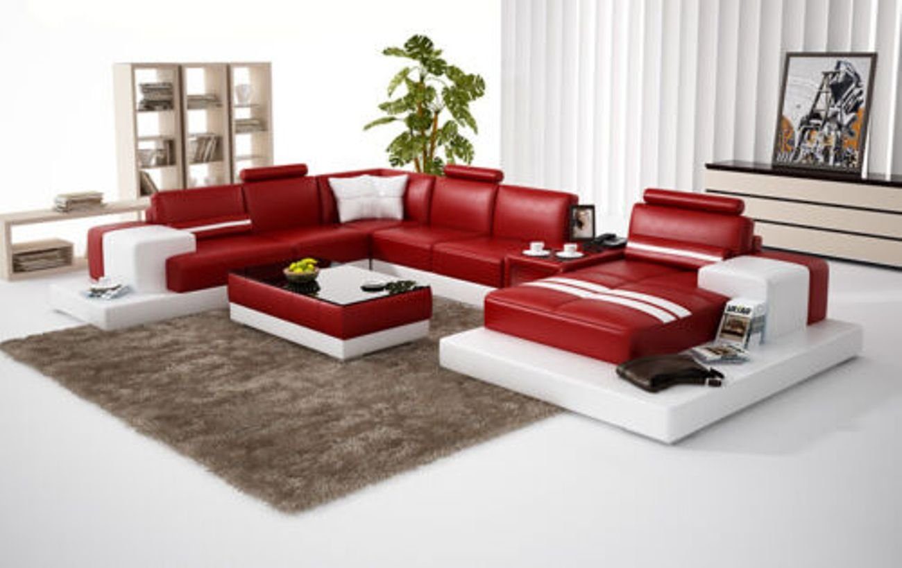 JVmoebel Ecksofa Ledersofa Wohnlandschaft Ecksofa Eck Garnitur Design Modern Sofa+USB Rot/Weiß