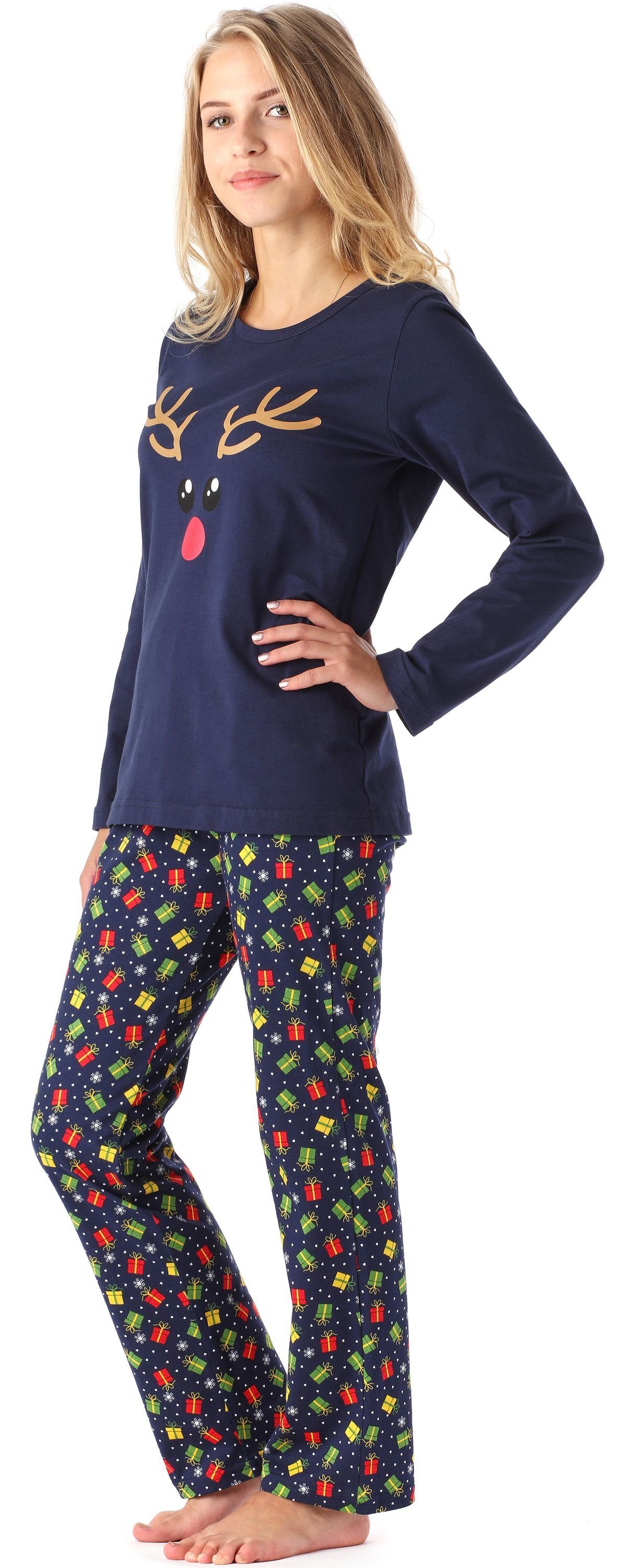 Zweiteilieger Geschenke Damen Marine Pyjama Schlafanzug Winter Merry Lang Style MS10-192 Schlafanzug