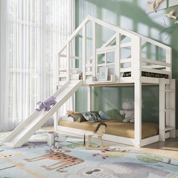 Flieks Etagenbett, Kinderbett Hausbett Hochbett mit Rutsche und Leiter 90x200cm