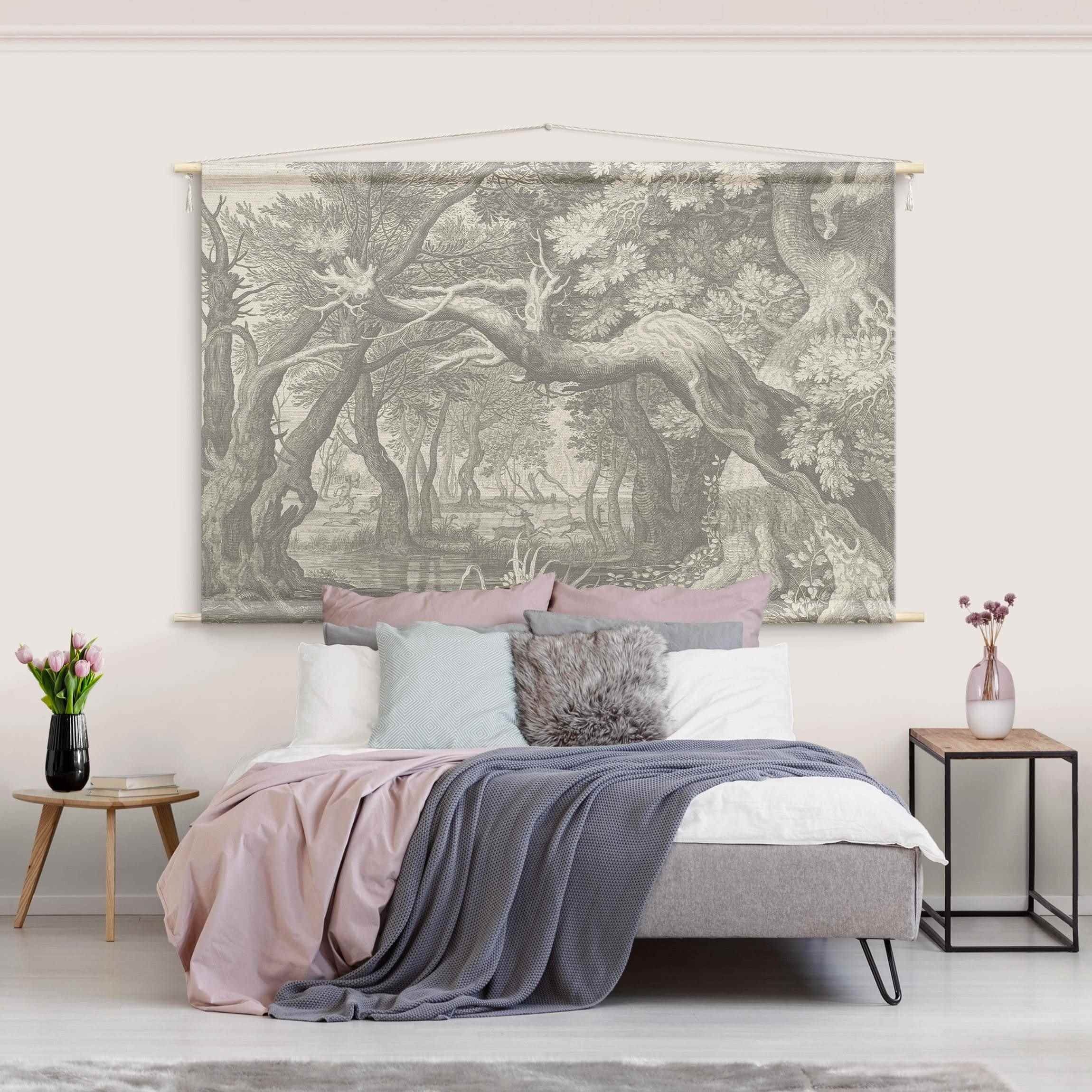 Bilderdepot24 Wandteppich modern Wald Tropisch Natur Vintage schwarz-weiß grau, rechteckig, Höhe: 2.6 mm, großes Wandbild aus Natur-Baumwolle Wandbehang Stoffbild Tuch Wollseil