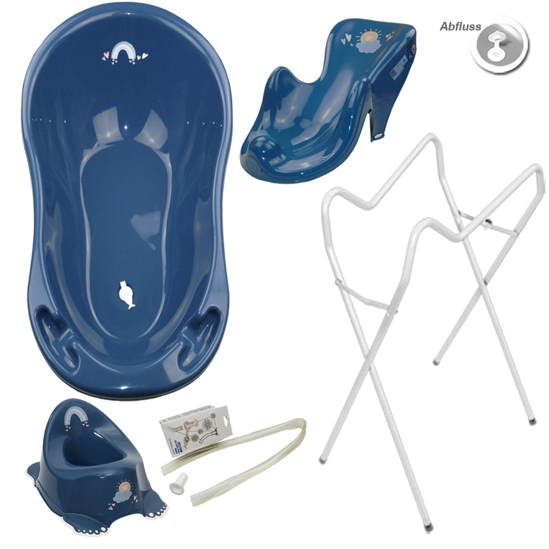 Tega-Baby Babybadewanne 4 Teile SET AB- METEO Blau + Ständer Weiß -Abflussset Babybadeset, (Made in Europe Premium.set), Wanne + Sitz + Töpfchen + Ablauf Set+ Ständer