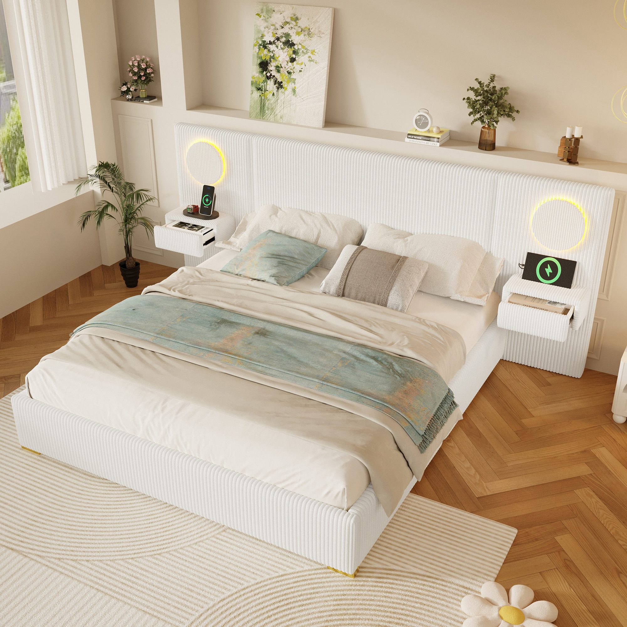 Flieks Polsterbett, Doppelbett 180x200cm mit LED-Licht, USB-Anschlüssen, 2 Nachttische