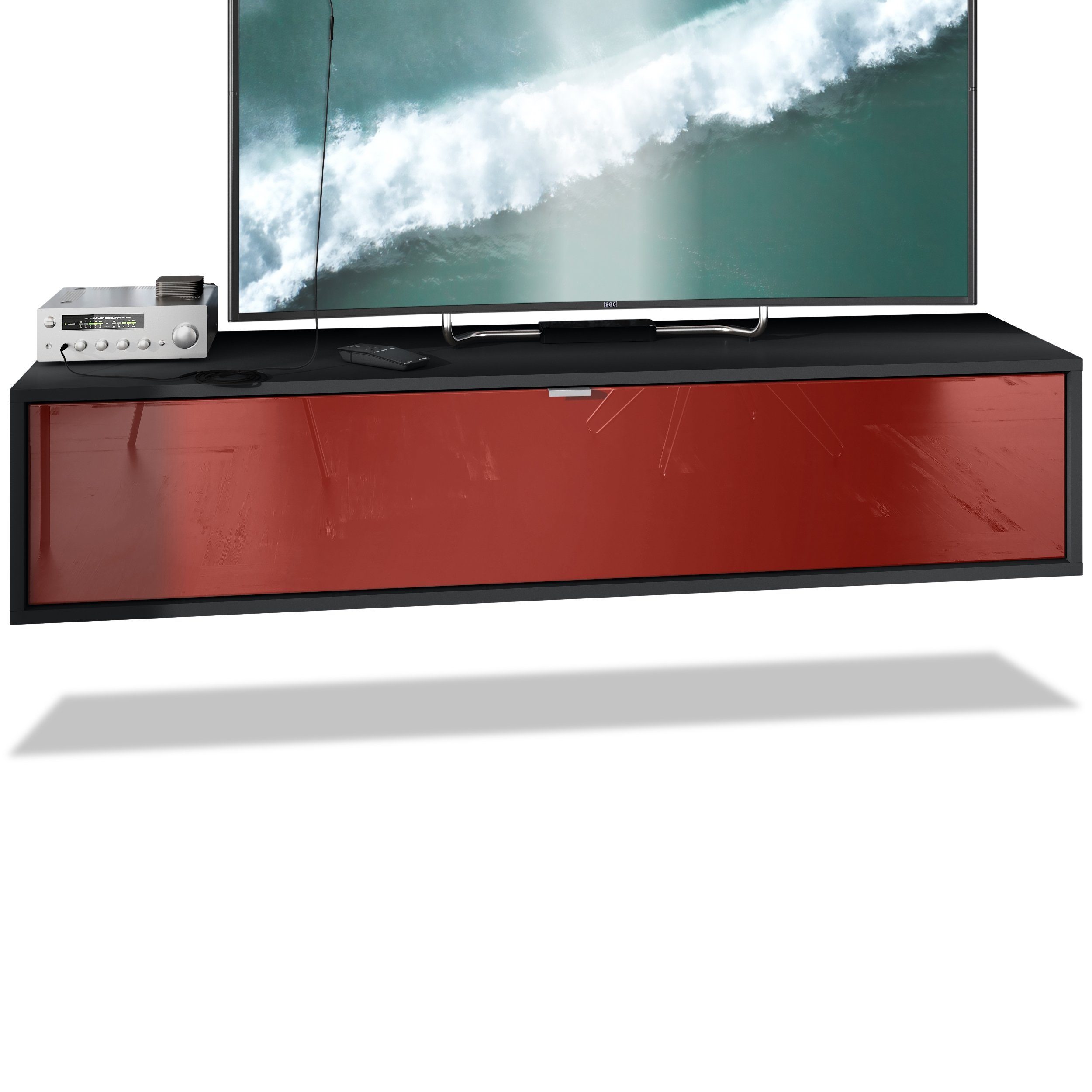 Vladon Lowboard Lana 1400 (TV-Kommode, mit Klappe dahinter 3 Fächer), Schwarz matt/Bordeaux Hochglanz (140 x 29 x 37 cm)