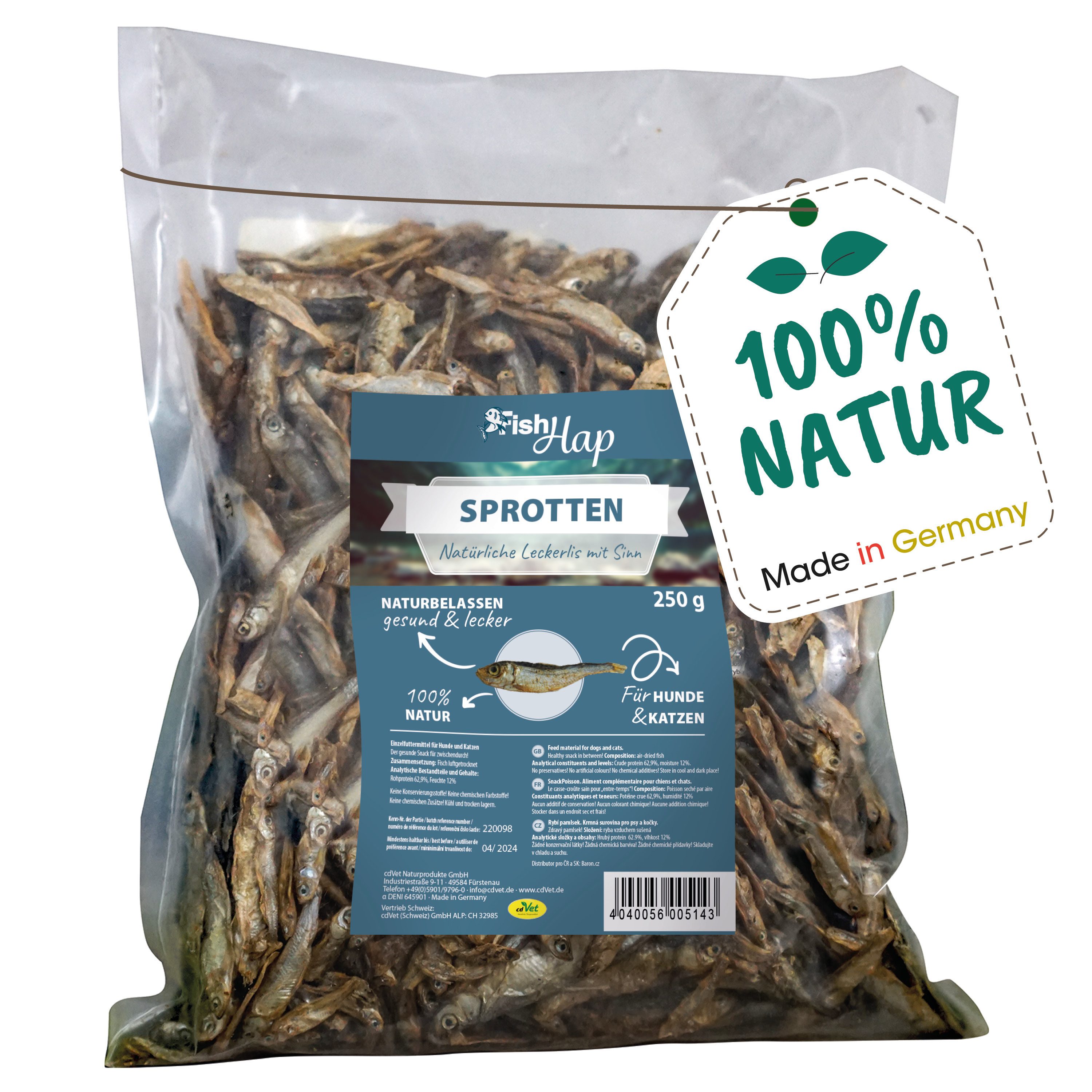 cdVet Fit-Hap FishHap Sprotten, Snack für: Katzen, Hunde, Naturbelassen, luftgetrocknet mit wertvollen Omega Fettsäuren