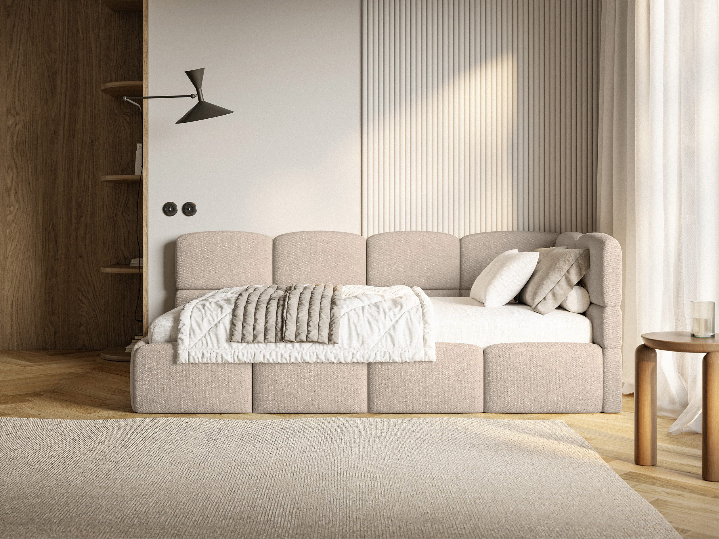 Selsey Jugendbett CLOUDY, Eck-Kopfteil, Matratze & Bettkasten, Chenille hydrophob, 120x200 cm