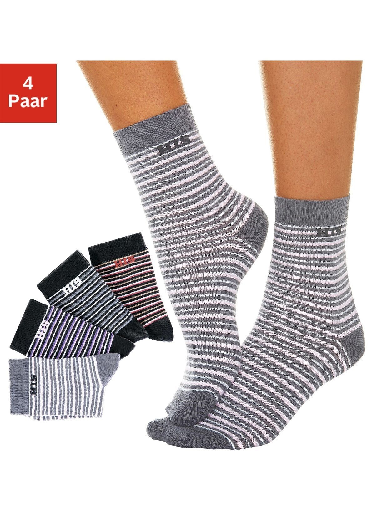 H.I.S Basicsocken Damen Herren Ringel und uni Socken (Packung, 4-Paar, Gr. 35-38 bis 43-46) mit eingestricktem Markenlogo