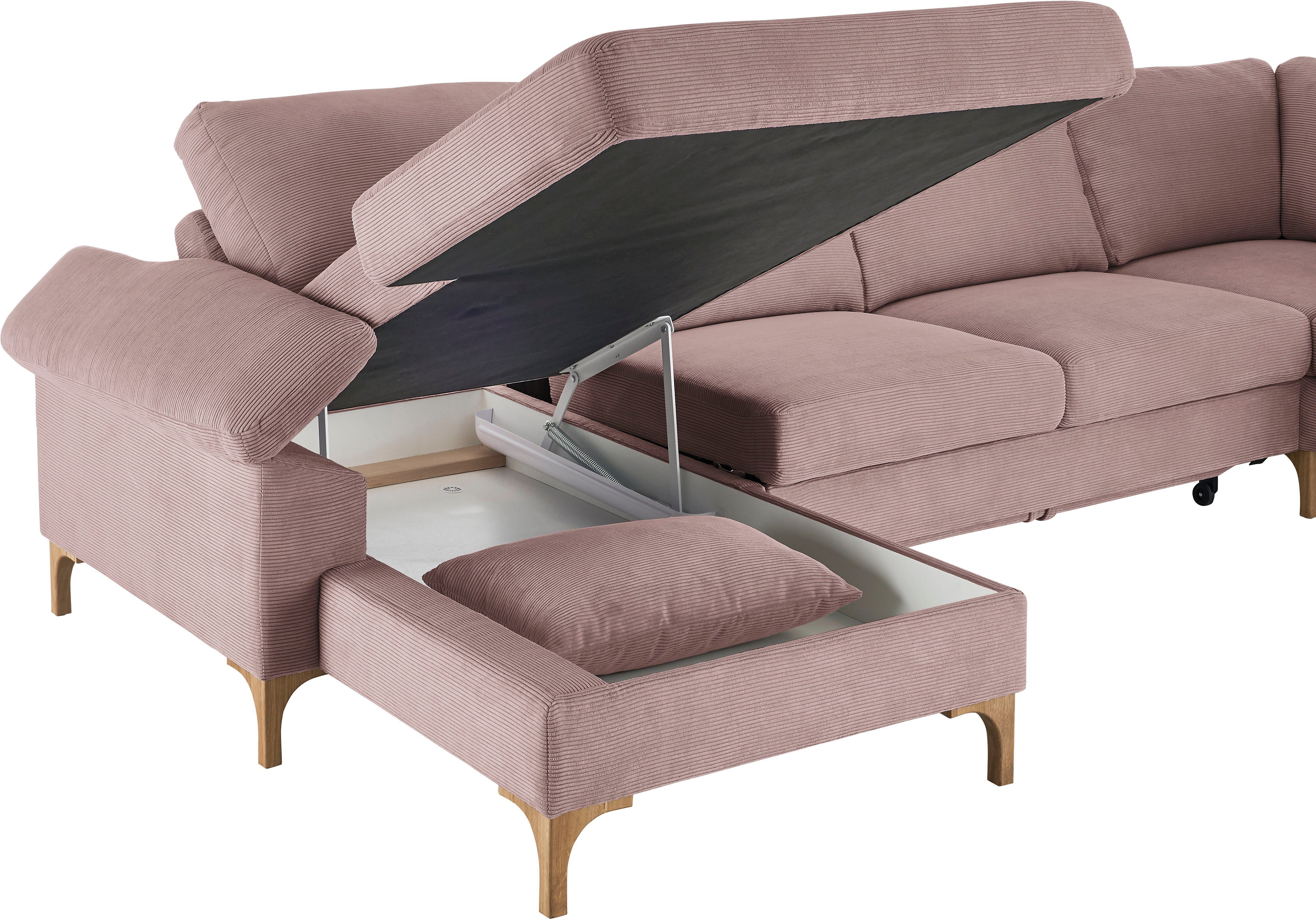 Bettkasten sowie in 2-Sitzer Candy Querschläfer Longchair, im PUR-Schaumstoff oder 3C rosa Lecce, Wohnlandschaft und Tonnentaschenfederkern, wahlweise Umbauecke