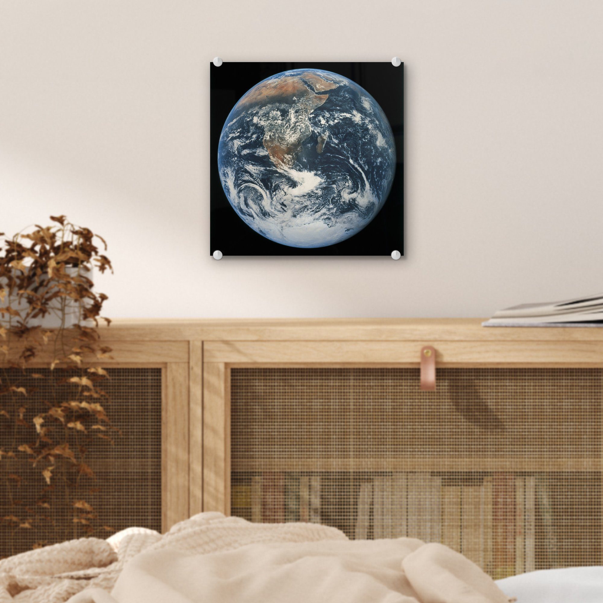 Glasbilder Wandbild Glas Glas Planet vor Bilder einem MuchoWow Wanddekoration Der - St), Acrylglasbild auf Erde - Himmel, - Foto auf dunklen (1