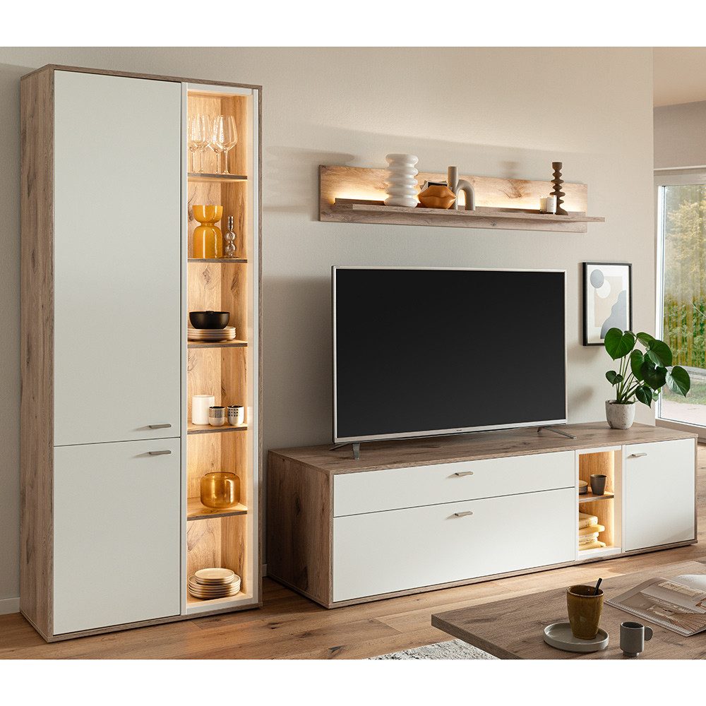 Lomadox Wohnwand SAGUNTO-05, (3-St., Vitrine Lowboard Wandboard), mit LED-Beleuchtung, in weiß mit Eiche