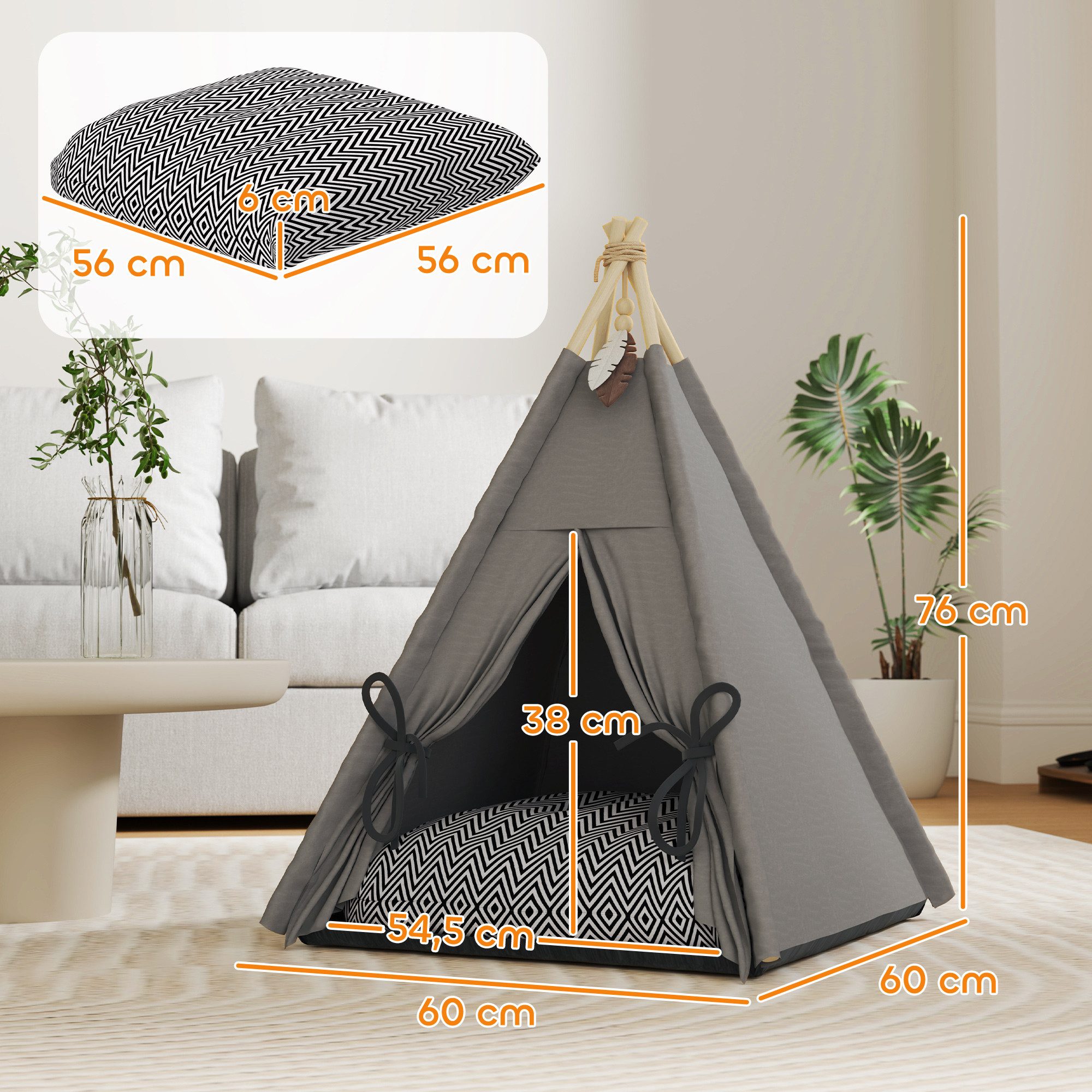 PawHut Tierbett mit abnehmbar und waschbar Kissen, rutschfestem Boden, Spielball, Oxfordstoff, für Katzen unter 5kg, Mini Hunde, 60 x 60 x 76 cm, Grau