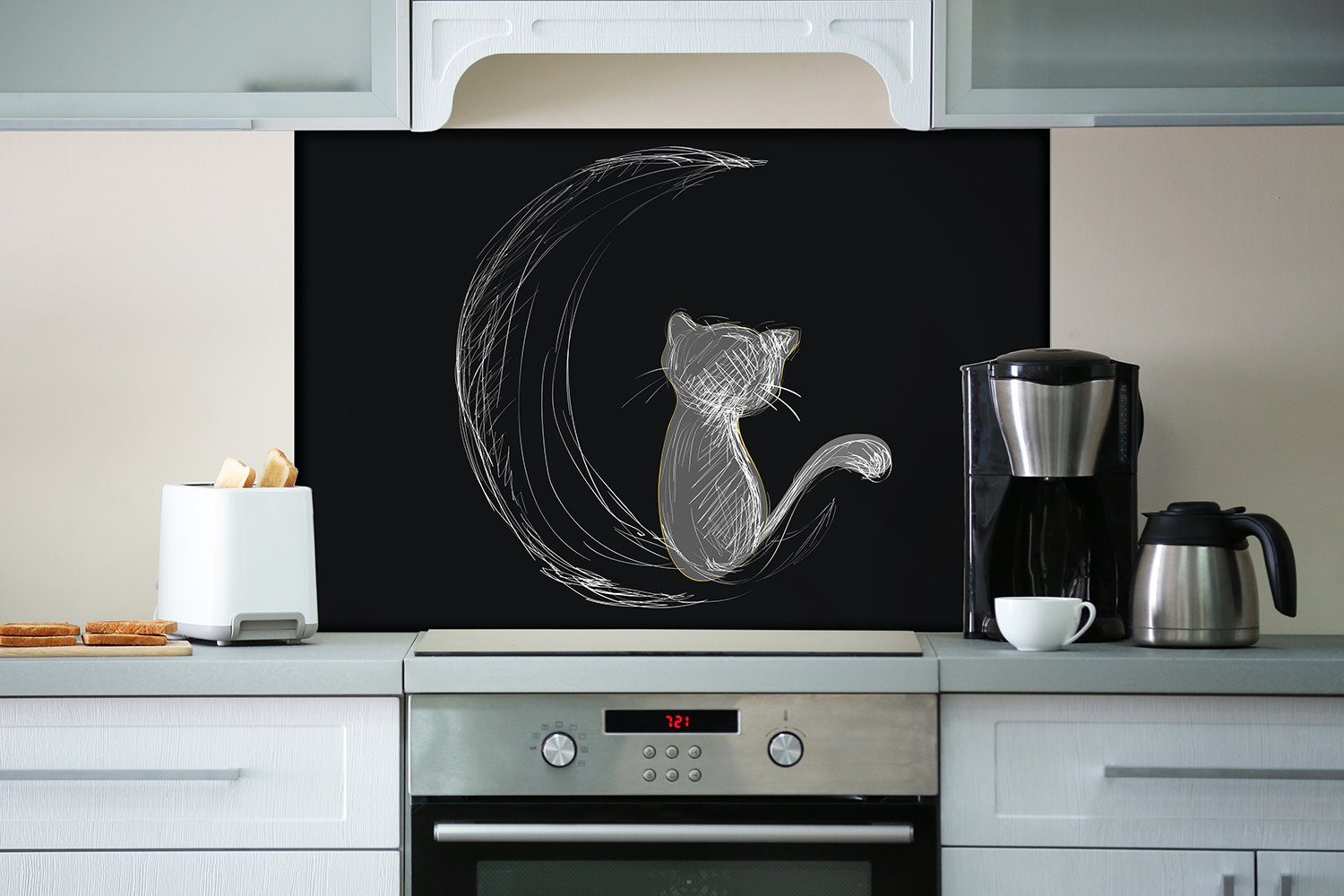Wallario Küchenrückwand Katze sitzt auf - in illustriert weiß Mond dem auf schwarz, (1-tlg)