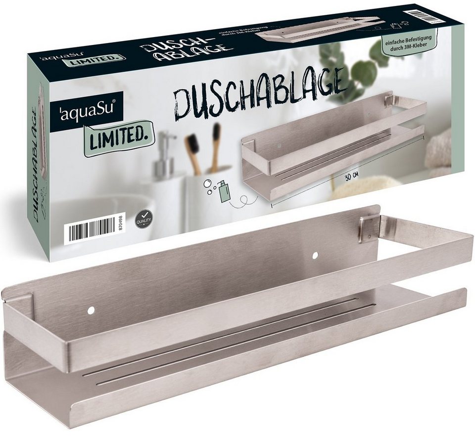 aquaSu Duschablage Limited, 1-tlg., Chrom, Edelstahl, zur Klebe- oder  Schraubmontage, 30 x 10 cm, 870498