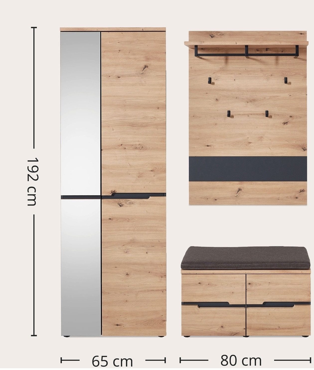 freiraum Garderoben-Set Memphis, (3-teilig) Artisan Eiche Dekor / Graphit - 145x192x38 (BxHxT)