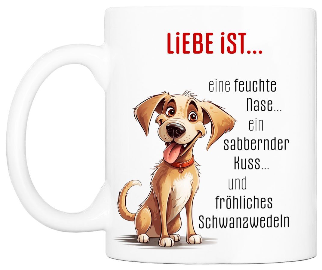 Cadouri Tasse LIEBE IST... Kaffeetasse mit Spruch - für Hundefreunde, Keramik, mit Hundespruch, beidseitig bedruckt, handgefertigt, Geschenk, 330 ml