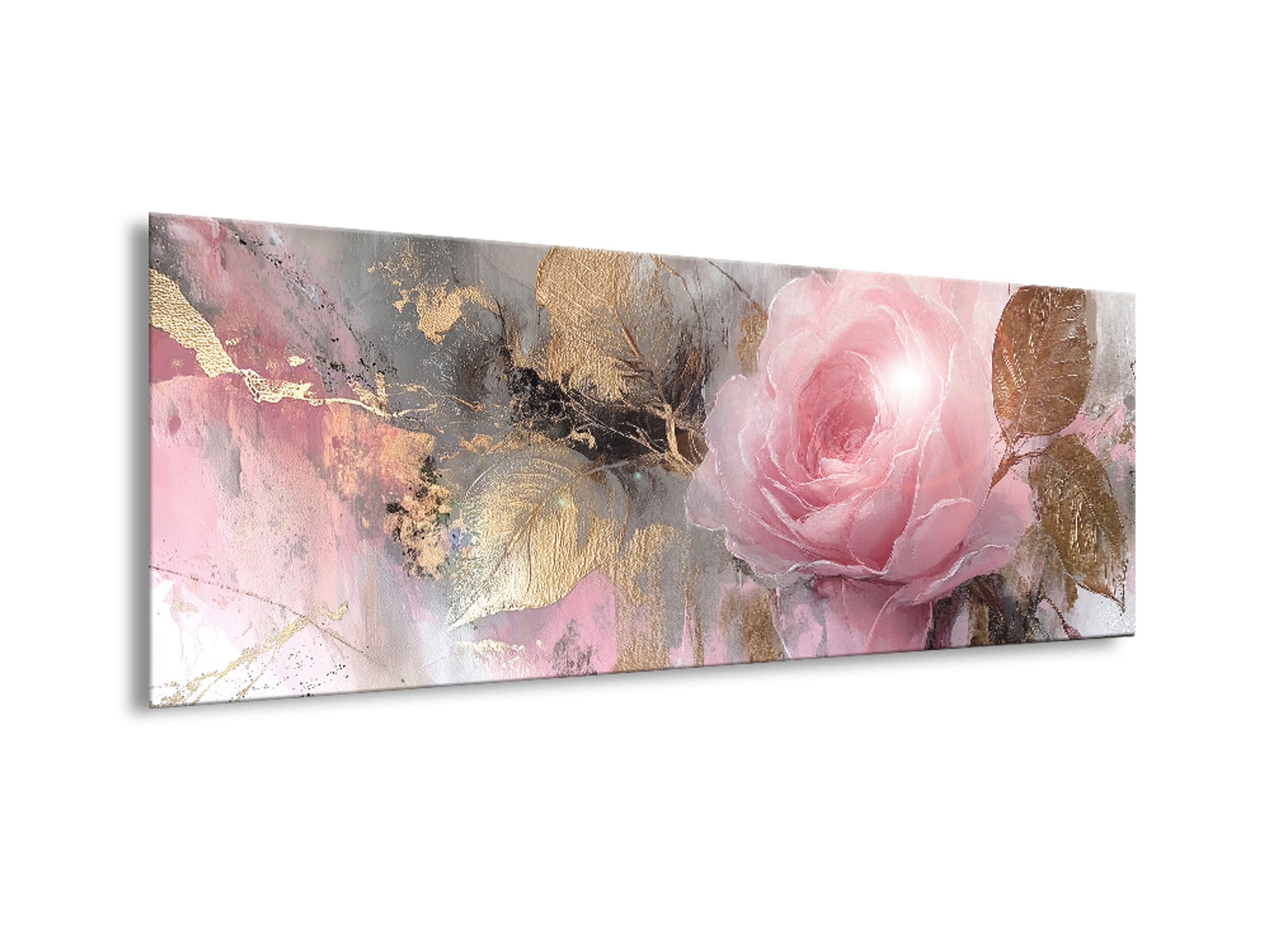 artissimo Glasbild Bild aus Glas 80x30 cm / Wandbild Querformat / Wanddeko modern, Florale Kunst: Rose Rosa Gold