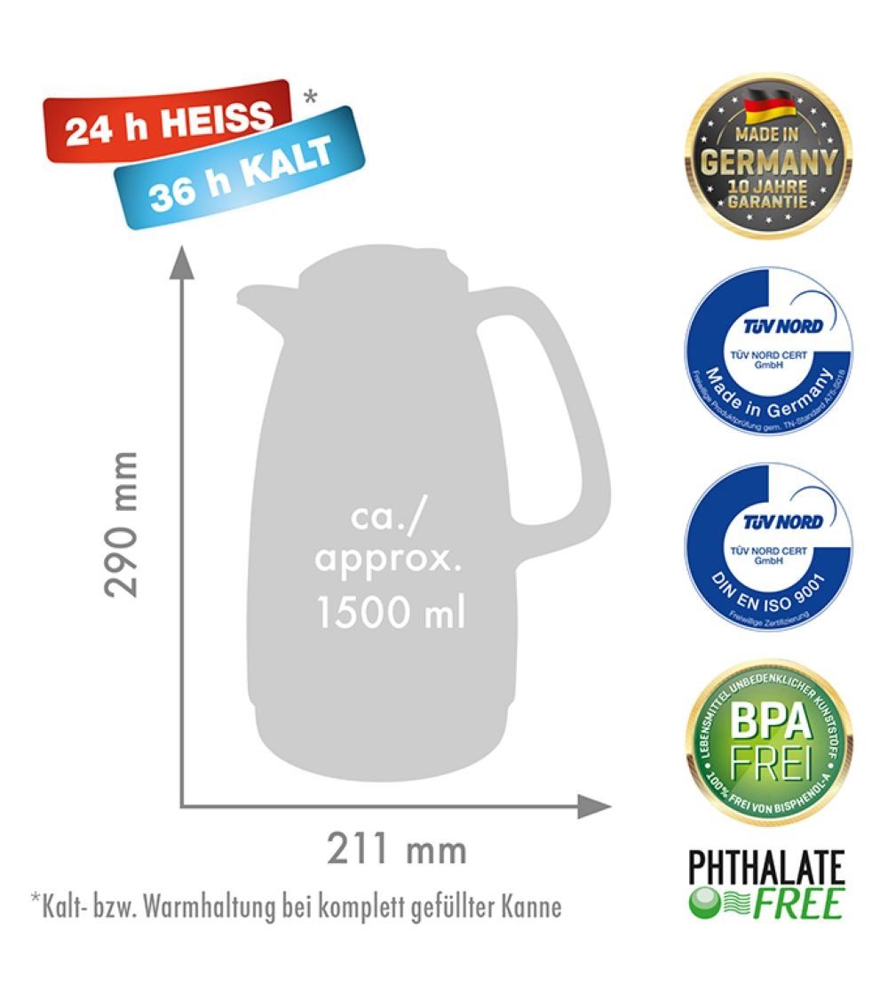ROTPUNKT Isolierkanne 1,5 Liter Glaseinsatz I hochwertig I langlebig I 24 Std heiß, 1.5 l, (Kaffeekanne I Teekanne), Glaskolben aus doppelwandigem Rosalin-Glas