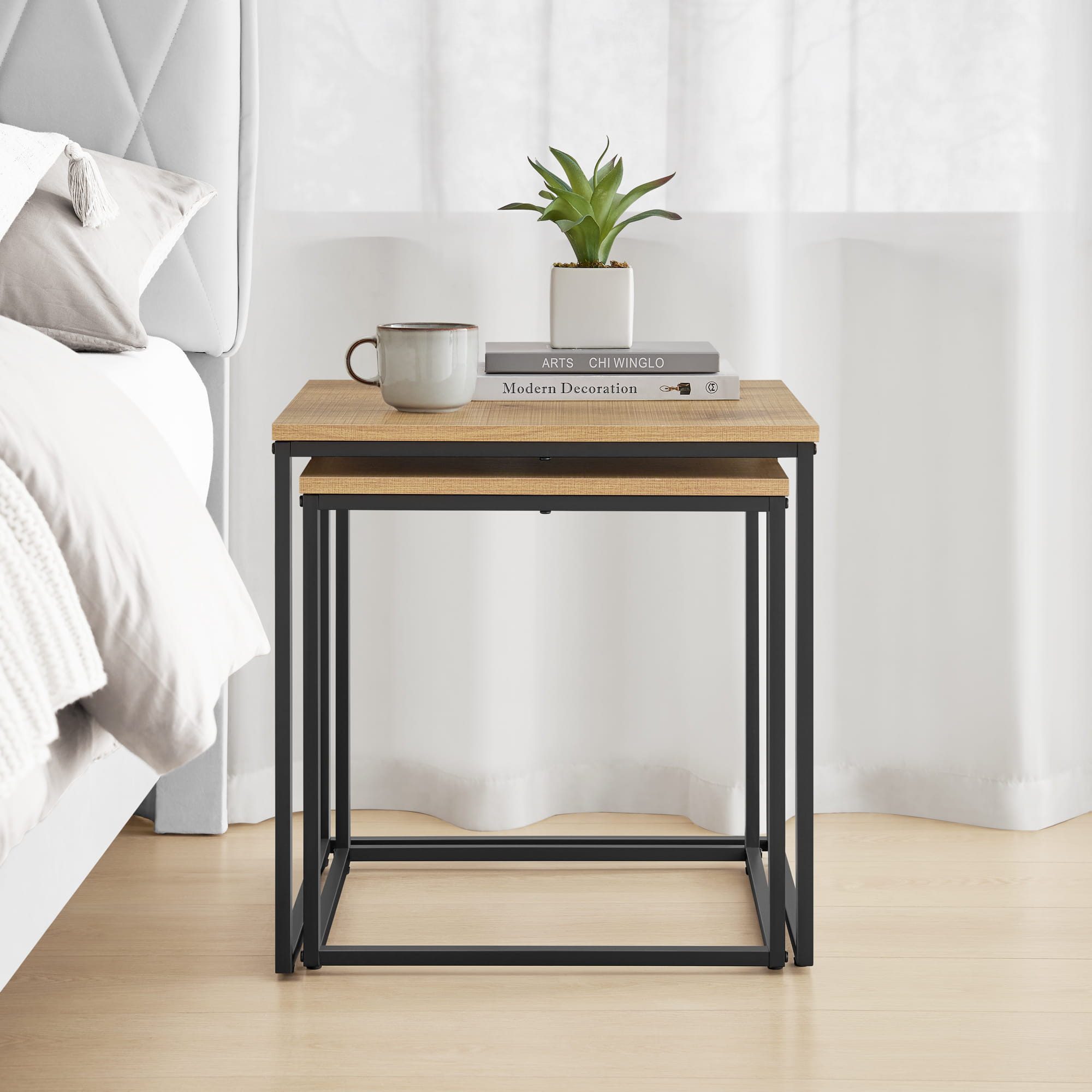 Home Collective Couchtisch 2er Set Beistelltisch Loft Design 2in1 Verschachtelung Wohnzimmer, kratzfeste Oberfläche 50&45cm Sonoma-Eiche schwarz Beinen quadrati – Bild 5 von 5