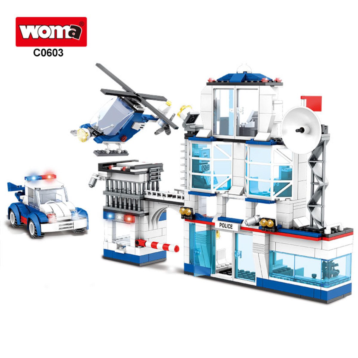 Woma W0603A Spielbausteine, (Polizei-Spielset, 563 St., Polizeistation mit 3 Fahrzeugmodellen aus 563 Teilen), Polizeistation mit Hubschrauber, Polizeiwagen und Motorrad