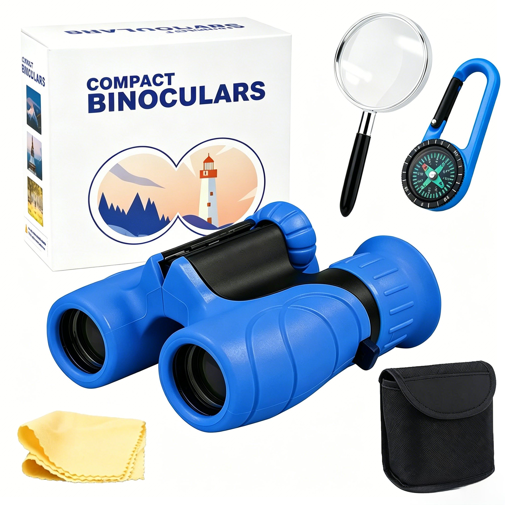 Toomoke Lernspielzeug 8x21 Children's Binoculars,Outdoor-Spielzeug Fernglas für Kinder,Blau, Mit Kompass, Lupe und Reinigungstuch, für Kinder 3-12 Jahre, Geschenk