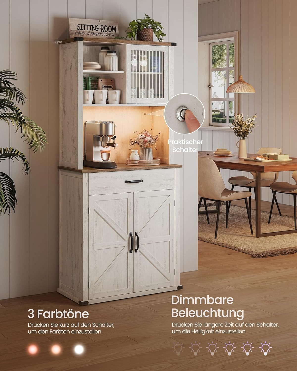 VASAGLE Buffet Sideboard, Küchenschrank, Aufbewahrungsschrank, 39,7 x 80,4 x 180,3 cm (mit Beleuchtung und Ladestation) mit Türen, Schubladen, verstellbare Ablagen, Landhausstil, vintageweiß