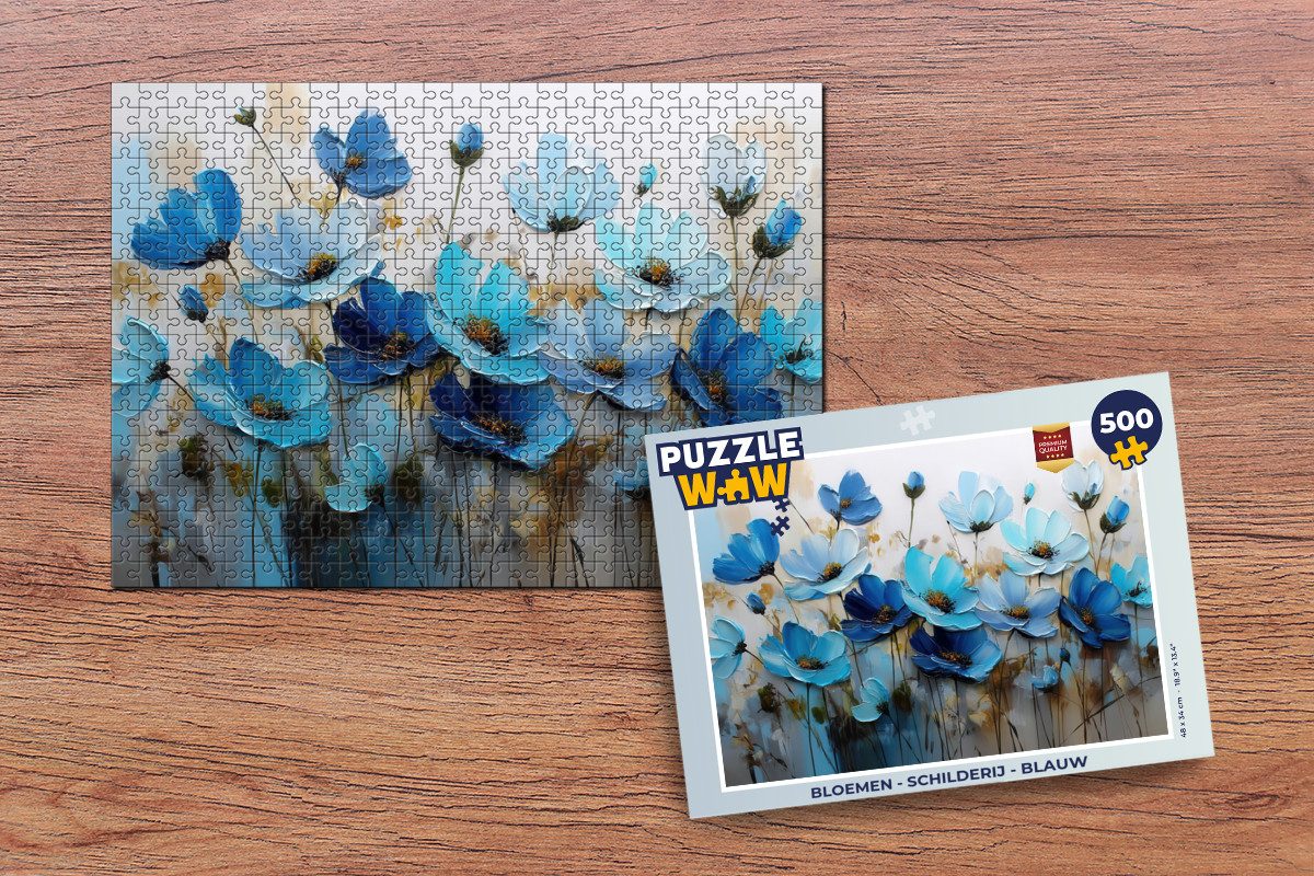 MuchoWow Puzzle Blumen - Malerei - Blau, 500 Puzzleteile, Foto-Puzzle, Bilderrätsel, Puzzlespiele, Spielzeug