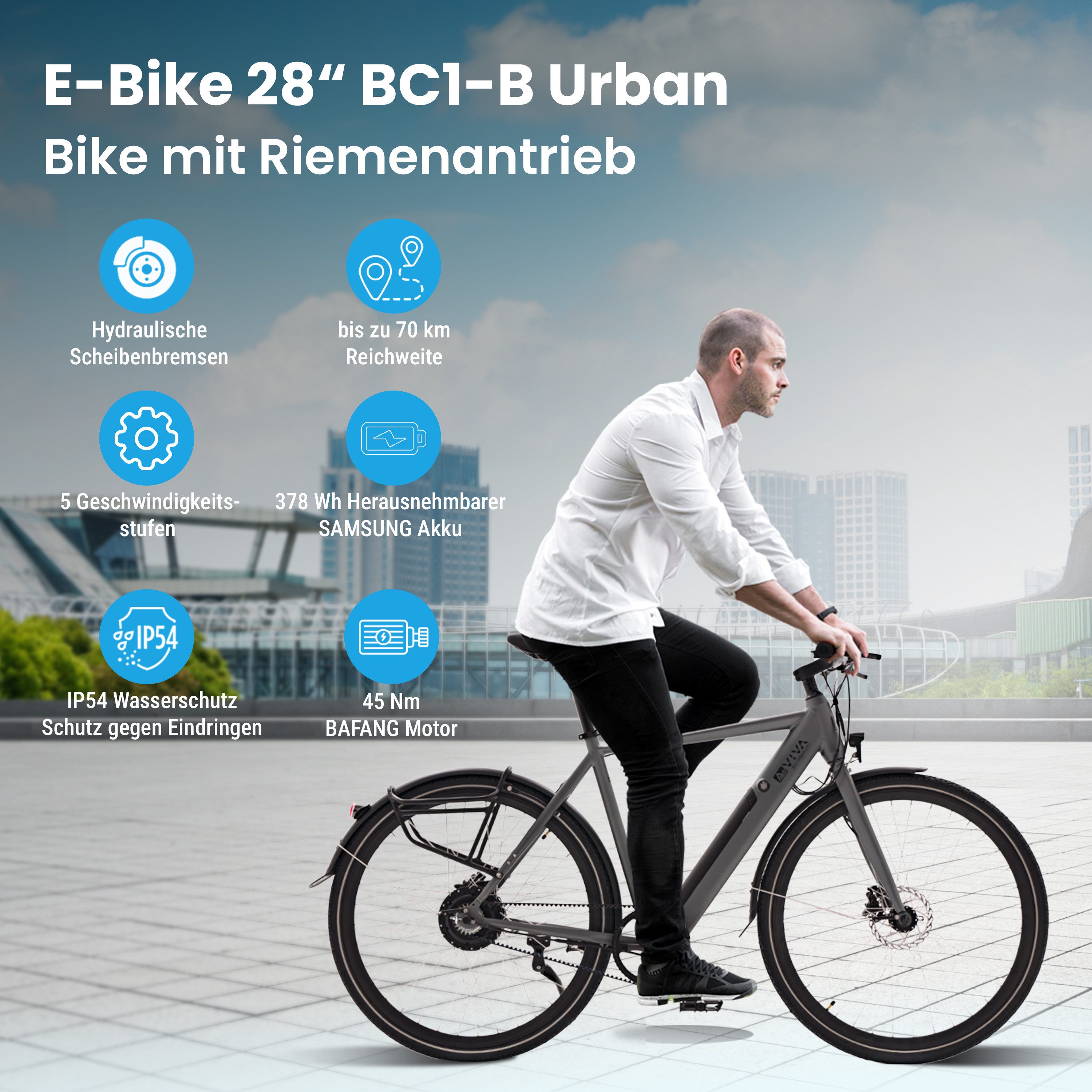 Thumbnail - AsVIVA E-Bike Urban Bike BC1B 28" Pedelec, 250W Bafang-Motor, Samsung-Akku, Riemenantrieb, Heckmotor, 378 Wh