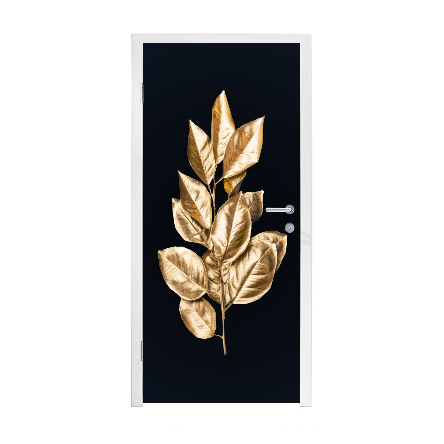 MuchoWow Türtapete Pflanze - Blätter - Gold - Schwarz - Luxus, Matt, bedruckt, (1 St), Fototapete für Tür, Türaufkleber, 75x205 cm
