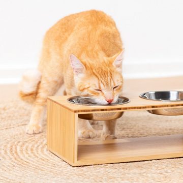 Navaris Tier-Beschäftigungsspielzeug 2x Futternapf Katze mit Halterung - Futterstation Set, Bambus