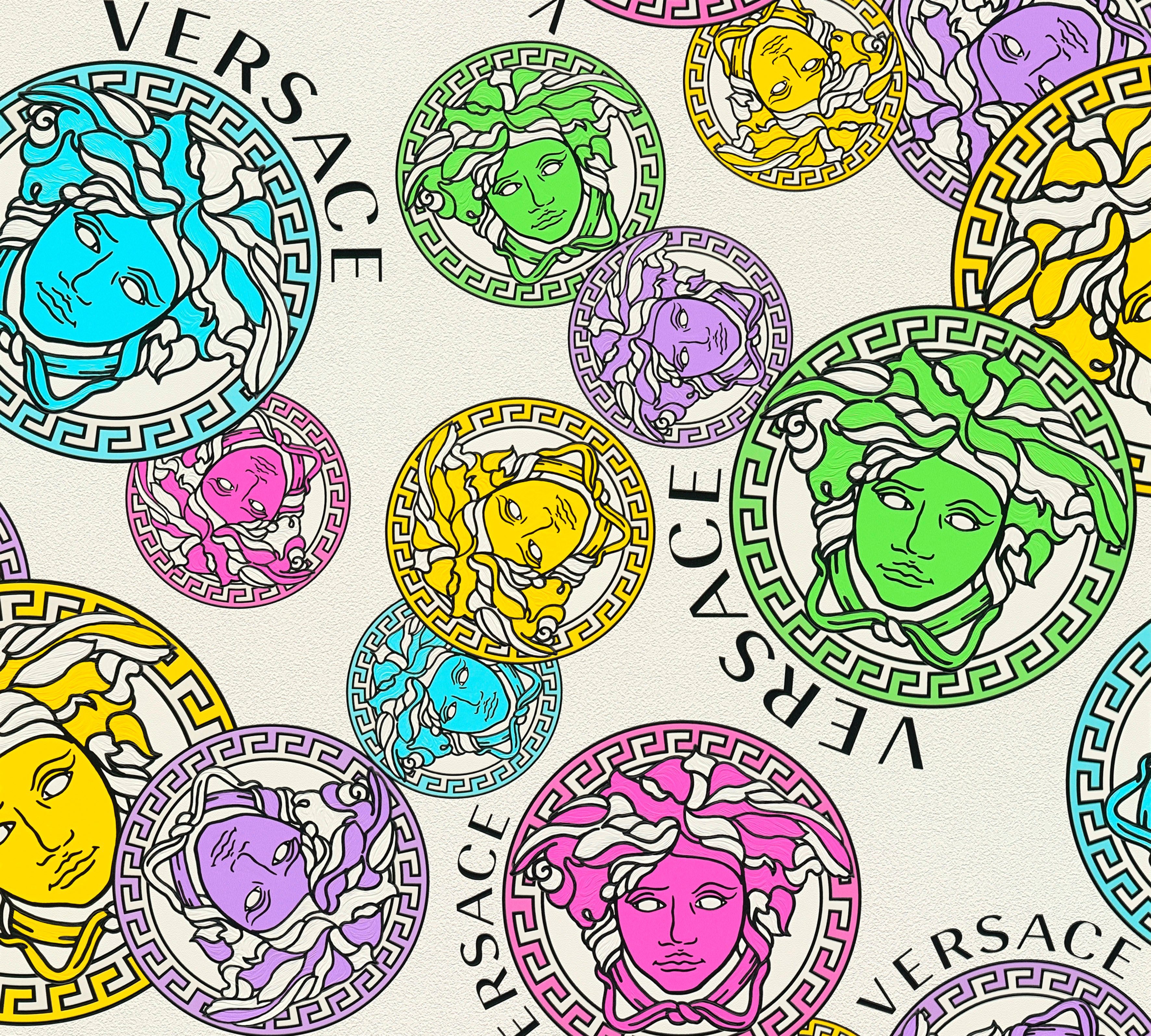 Versace Vliestapete Wallpaper Versace 5 Medusakopf, leicht strukturiert, leicht glänzend, (1 St), Designertapete bunt/weiß/rosa