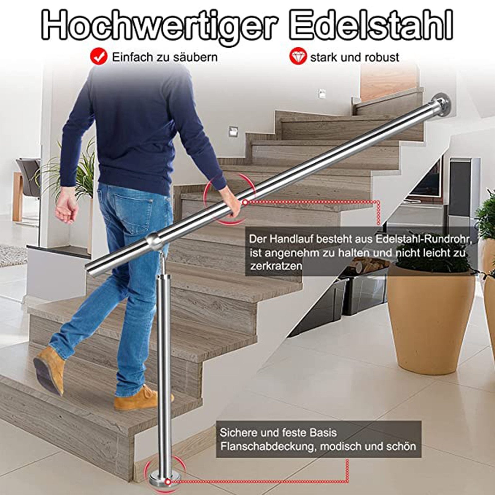 FIVMEN Treppengeländer Edelstahl Geländer Eingangsgeländer 80/100/120/150/180/200cm, 150 cm Länge, Wandhandlauf Handlauf für Treppenhaus, Außen & Innen – Bild 4 von 5