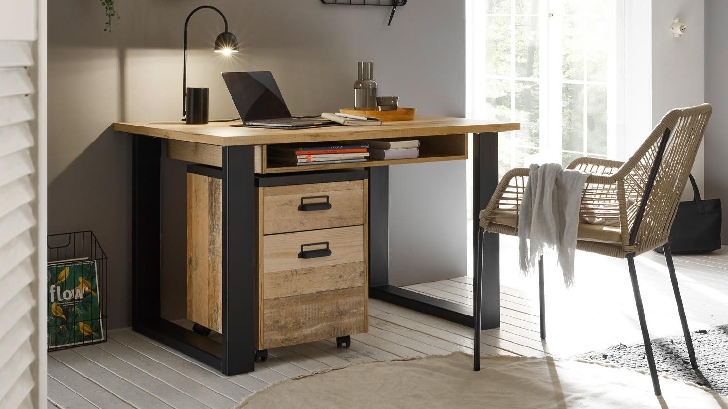 Möbel Akut Schreibtisch Schreibtisch inkl. Rollcontainer Sherwood O2 Old Style hell anthrazit