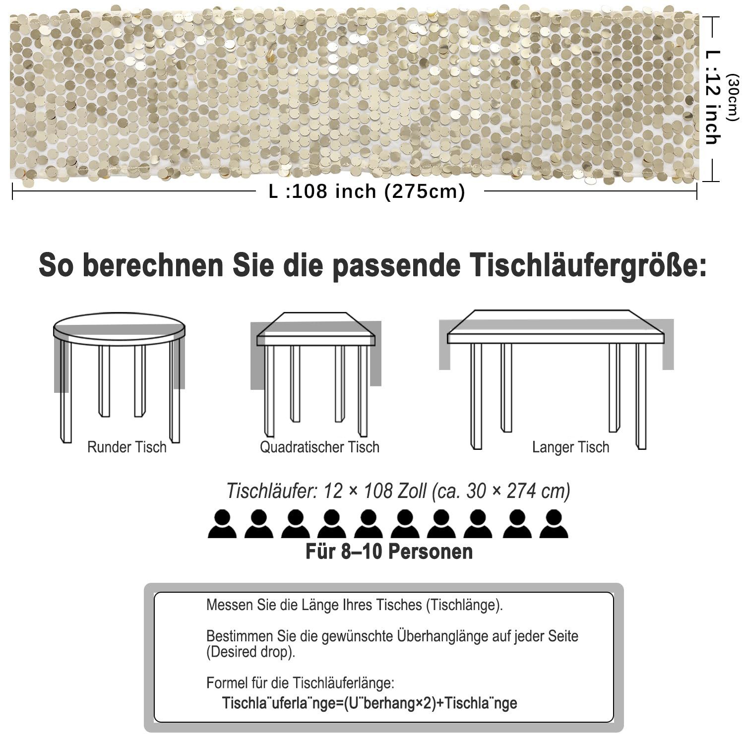 CLTYQ Tischläufer Tischläufer Pailletten, 275x30cm rechteckiger günstig online kaufen