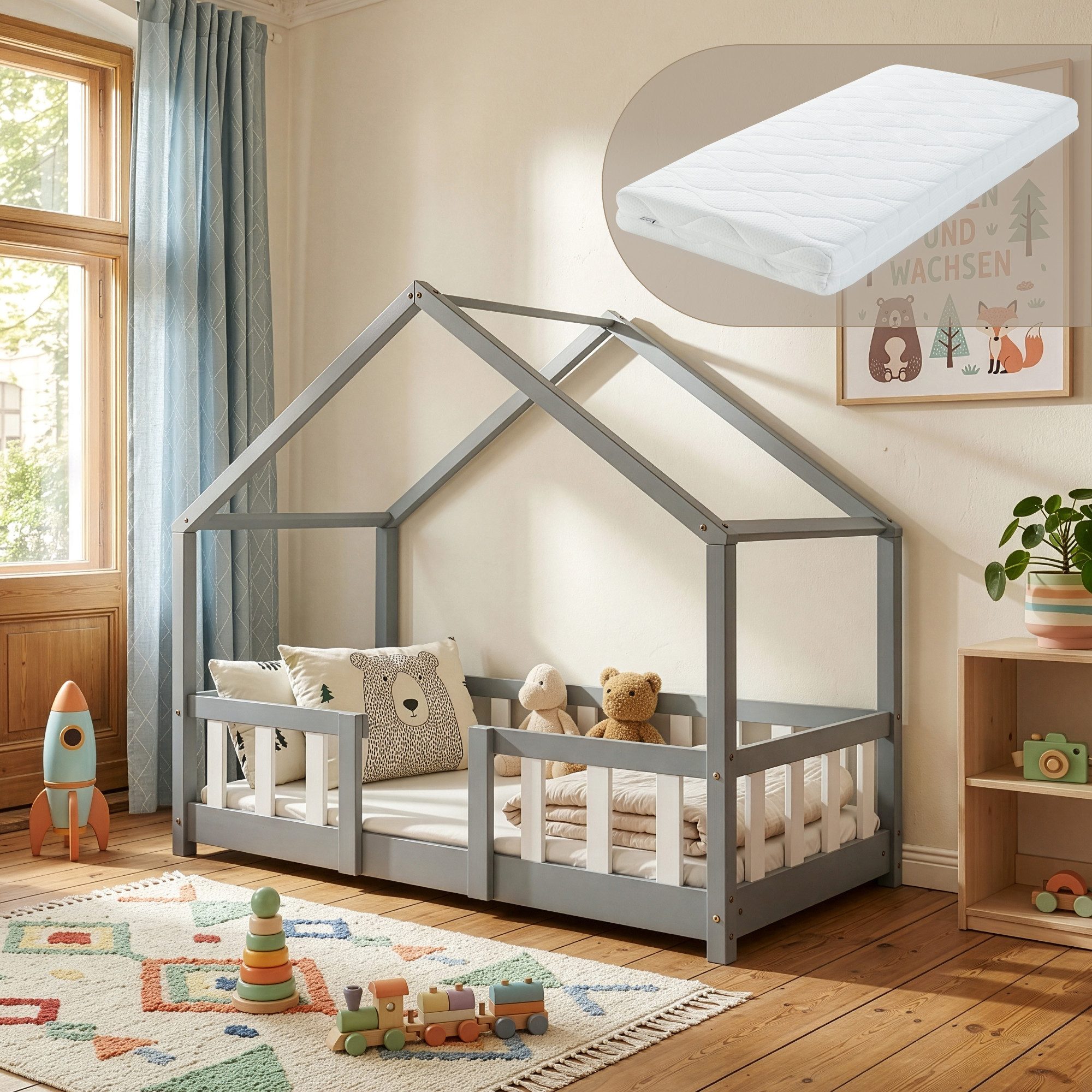en.casa Kinderbett (Bett und Matratze), »Treviolo« mit Matratze Montessori Hellgrau / Weiß 70x140 cm