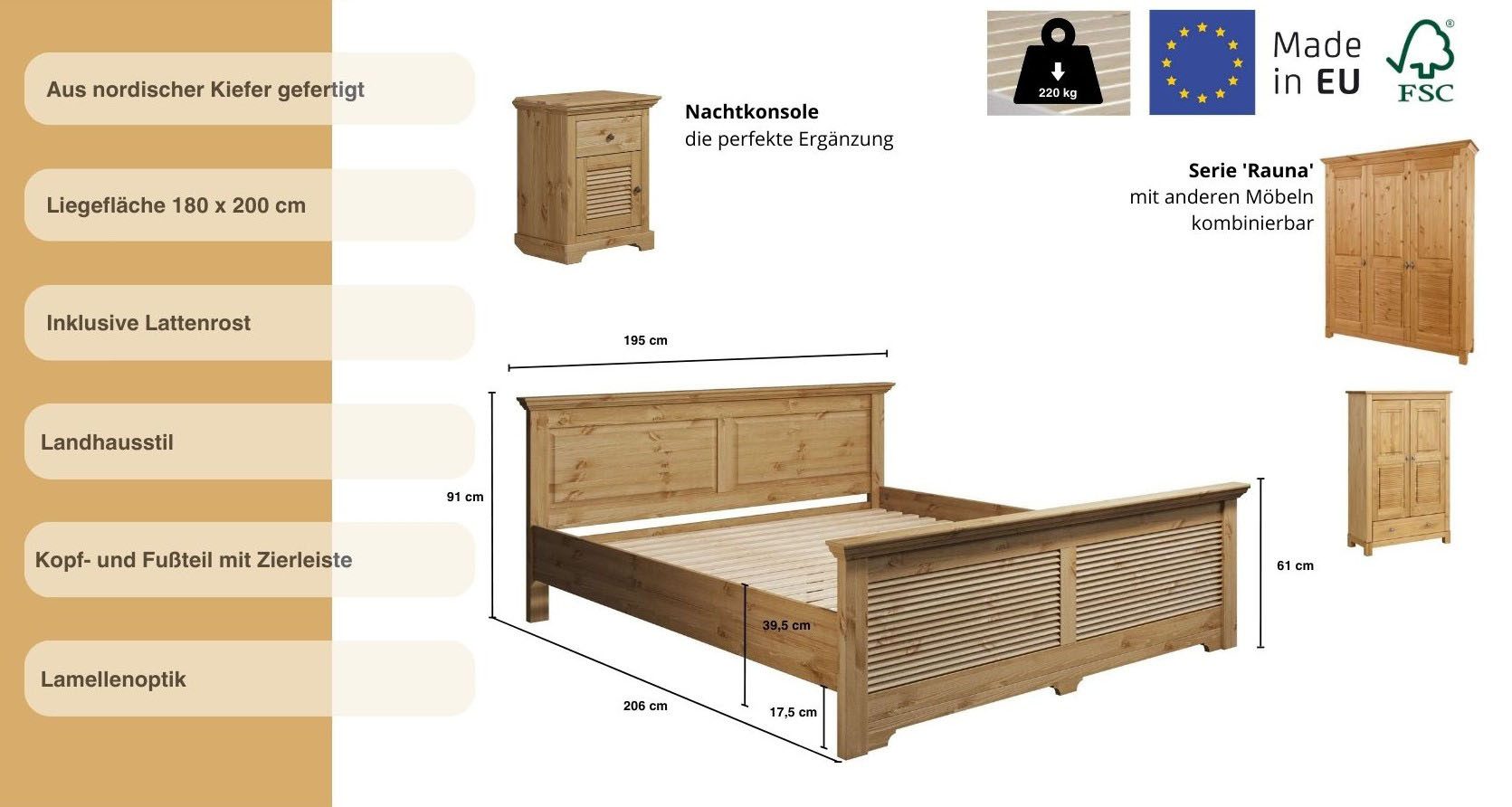OTTO home Bett Rauna, Landhausstil, edles Design mit Lamellen und Kassetten, 2 Farben (Breite/Belastbarkeit 180cm=220 KG, 90cm=120KG), FSC® zertifiziertes Kieferholz, massive Qualität mit Lattenrost