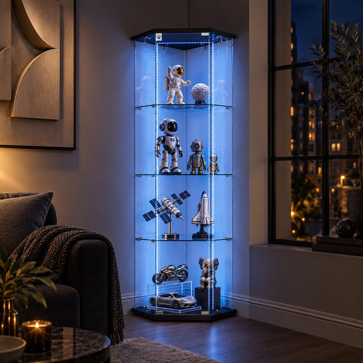 Simurq Glasvitrine Eckvitrine mit Beleuchtung Vitrinenschrank Glas eckschrank (1-St, 4 Lagen, Glasvitrine Stehend mit Schloss Glas Vitrine Ecke) Standvitrine Glas Modern Wohnzimmer Sammlervitrine mit Glastür