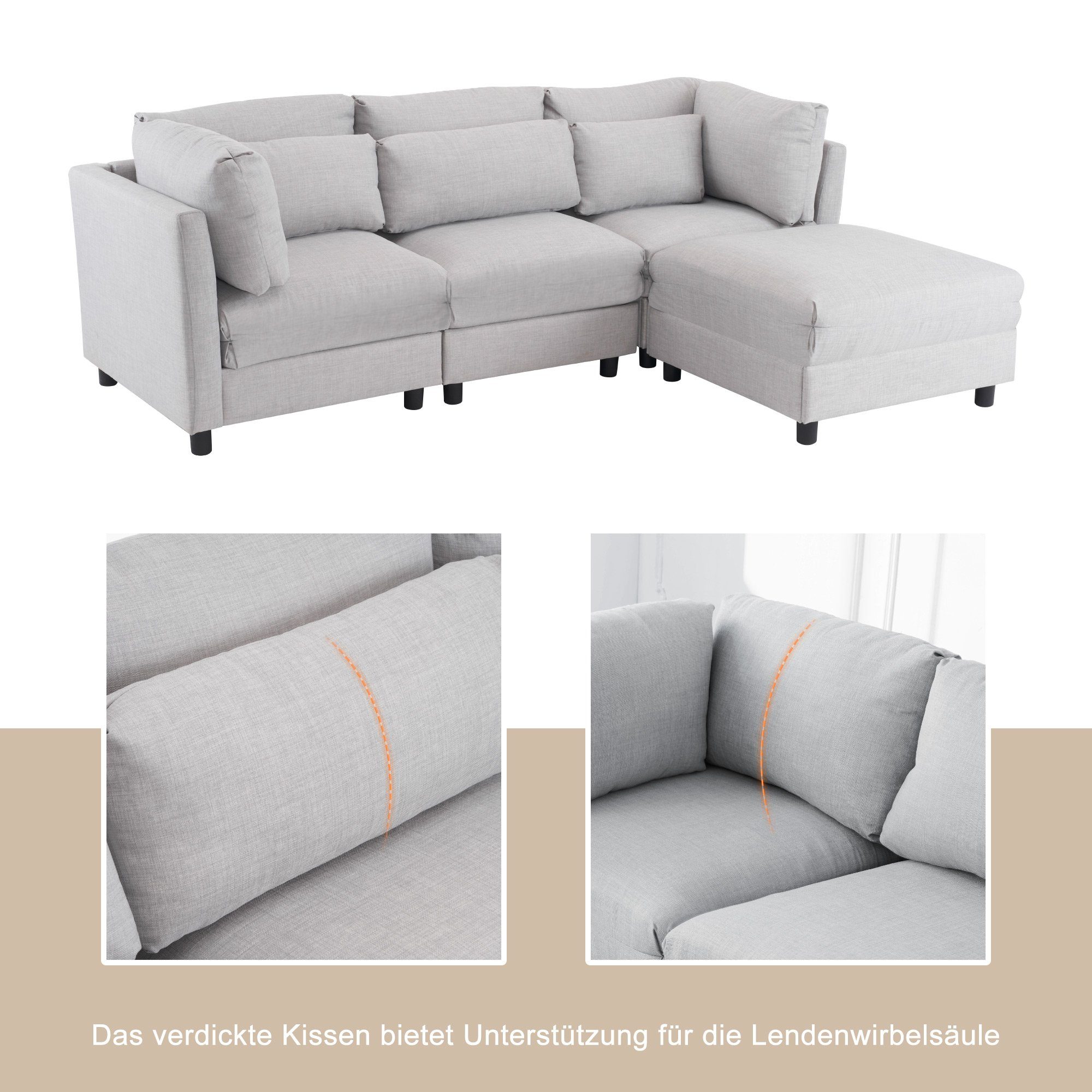 Merax Ecksofa mit abnehmbaren Hellgrau mit Sofagarnitur Kissen, mane, Leinenbezug, mit Couch 3-Sitzer modulare