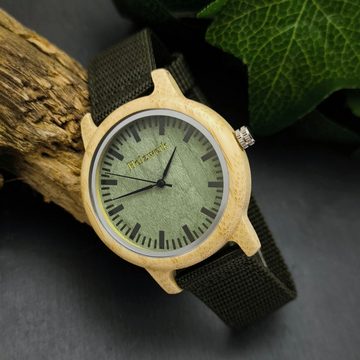 Holzwerk Quarzuhr HERFORD Damen und Herren Textil & Holz Armband Uhr, oliv grün, beige