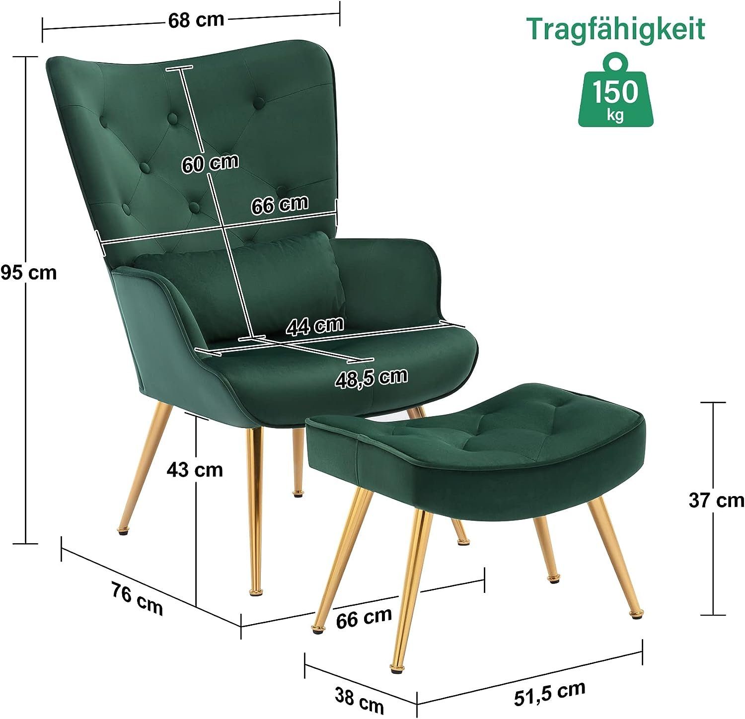 mit mittelalterlicher Grün Wohnzimmer Sessel Ohrensessel Lounge HomeMiYN Relaxsessel Hocker