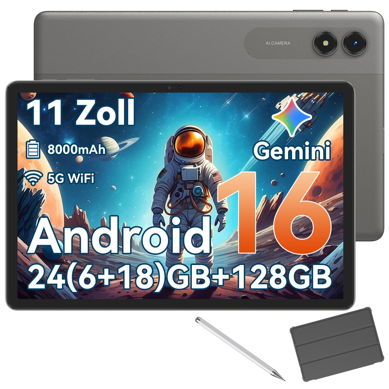 KINGRID 11 Zoll Android 16 128 GB 5G WiFi tablet mit Stift/Hülle/Tastatur Tablet (11", 128 GB, Android16, Android 16, Gemini Al Magic, 8000 mAh, 5G WiFi)