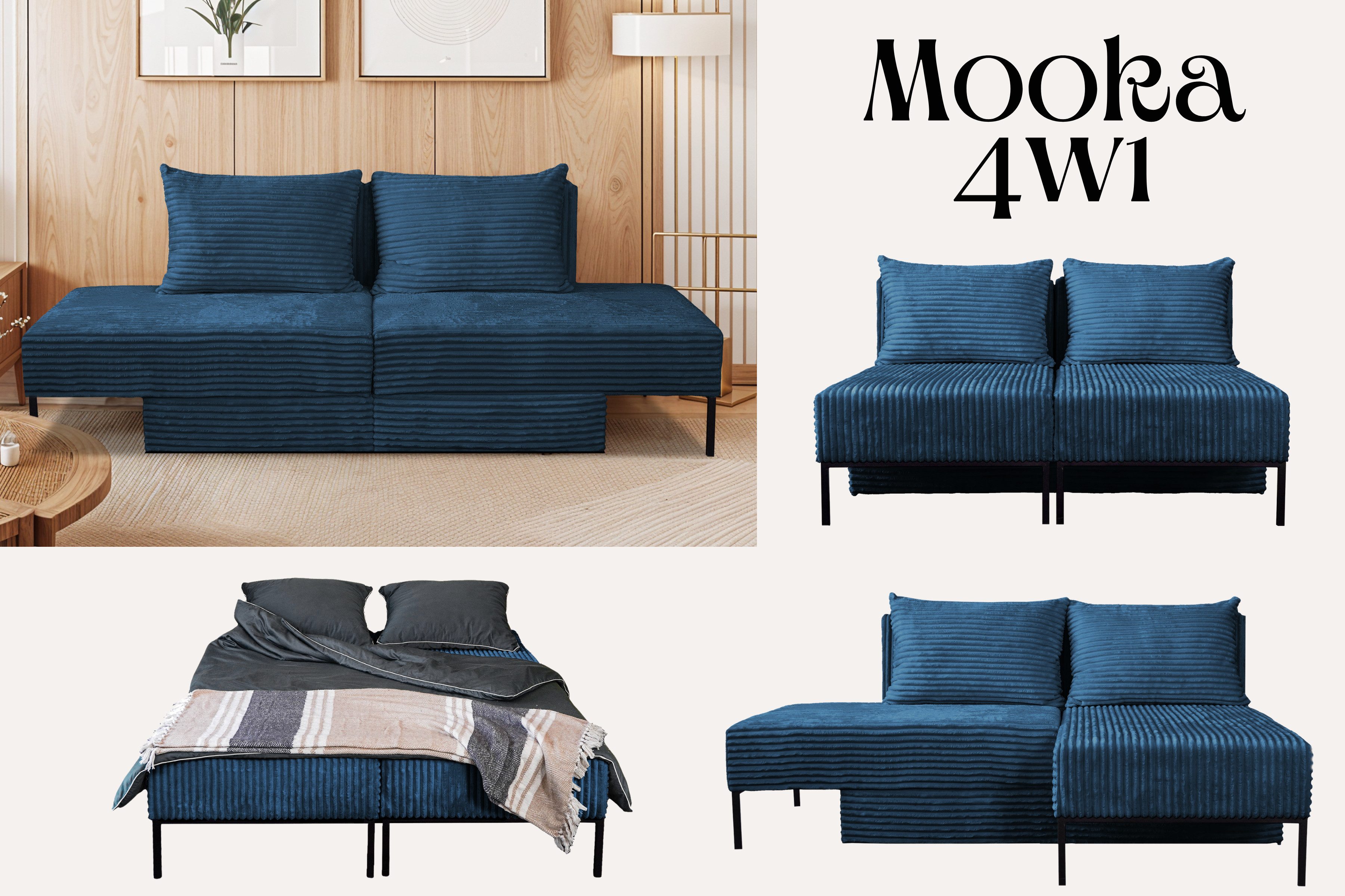 Kaiser Möbel Schlafsofa Ecksofa, Betten, Liegestuhl, MOOKA 4in1-Multifunktions-System