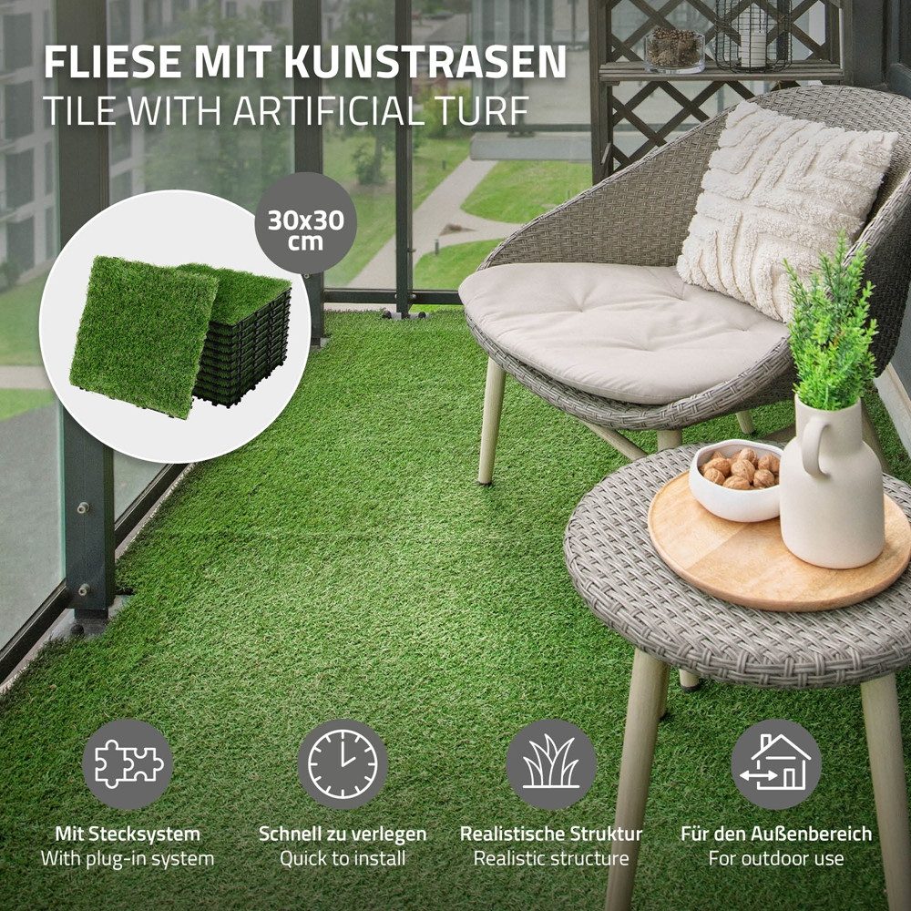 ML-DESIGN Kunstrasen Bodenplatte Terrassenfliesen Grün Fliesen mit Drainage und Klicksystem, Quadratisch, Höhe: 35.0 mm, Bodenbelag 1m²/11 Stück Grasfliese Grasmatte Rasenteppich Outdoor