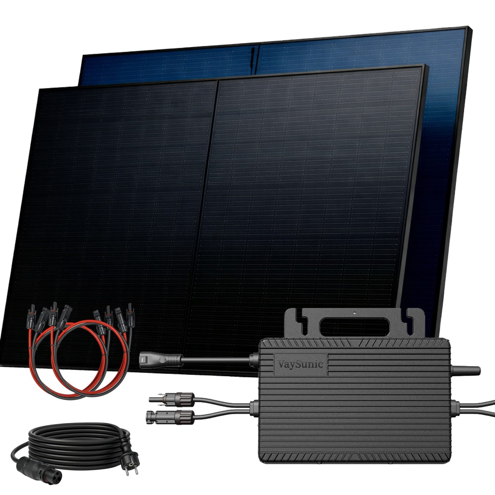SUNNIVA Balkonkraftwerk 1000W BIFAZIAL FULLBLACK komplett Steckdose, (VAYSUNIC VM800WE-BE-P2 800W Wechselrichter, PV Solaranlage Komplettset,2x500W Glas-Glas Bifacial Solarmodule, 5m + 4x1m Kabelset)
