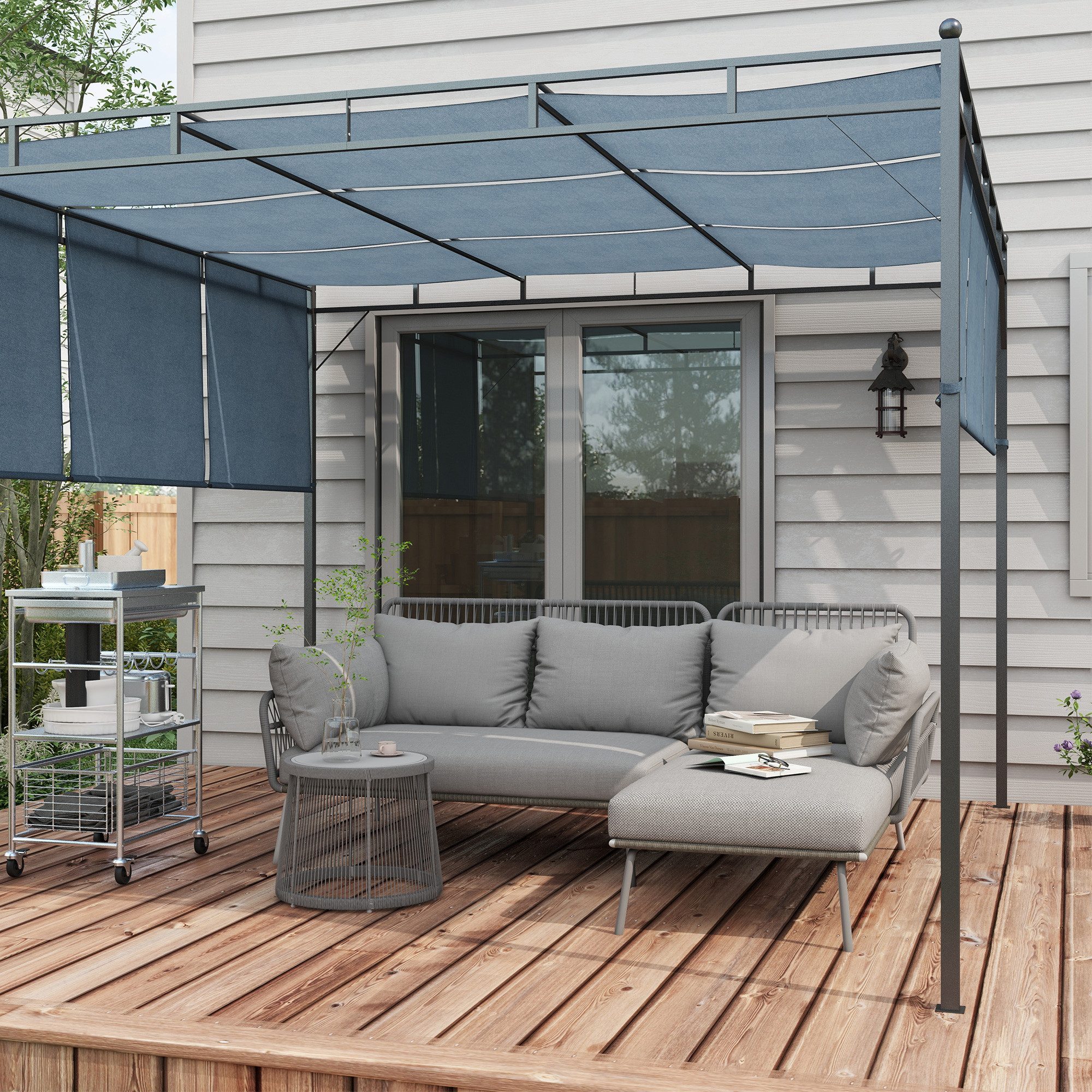 Outsunny Gartenlounge-Set Rattan Gartenmöbel-Set, Sitzgruppe mit Kissen und Beistelltisch, (Polyrattan Lounge Set, 3-tlg., Gartengarnitur), für Garten, Terrasse, Stahl, Hellgrau